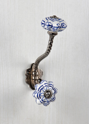 White Ceramic Knob With Floral Design Metal Wall Hanger