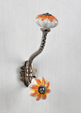 White Handpainted Ceramic Door Knob With Red And Yellow Flower With Metal Wall Hanger