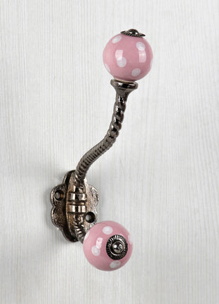 Designer Round Pink Cabinet Knob With White Polka Dots Metal Wall Hanger