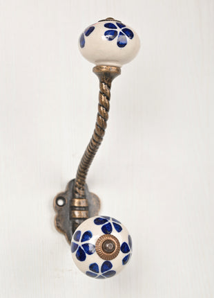 Blue Flower design On White Base Ceramic Knob With Metal Wall Hanger
