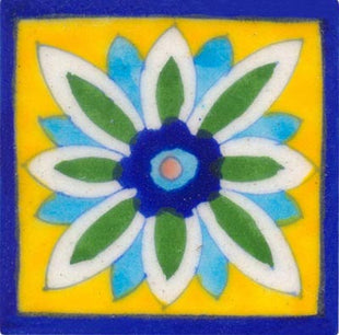 blue, green and turquoise flower on yellow tile 3x3