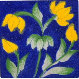 yellow green flowers on blue tile 3x3