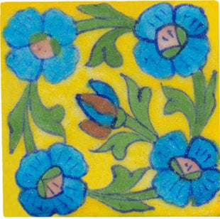 turquoise flower and green leaves round design on yellow tile 3x3