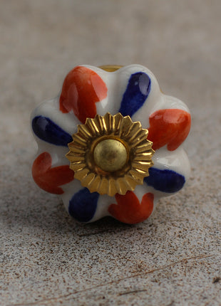 White Ceramic Flower Shaped Drawer Knob With Orange And Blue Flower