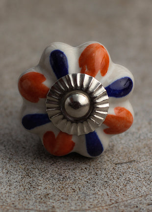 White Ceramic Flower Shaped Drawer Knob With Orange And Blue Flower