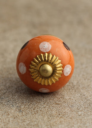Round Orange Cabinet Knob With White And Brown Polka Dots