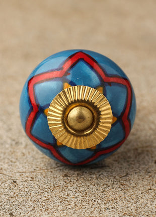 Stylish Turquoise Ceramic Cabinet Knob With Red Print