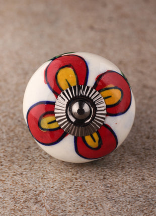 Well Designed White Base Cabinet Knob With Red And Yellow Flower