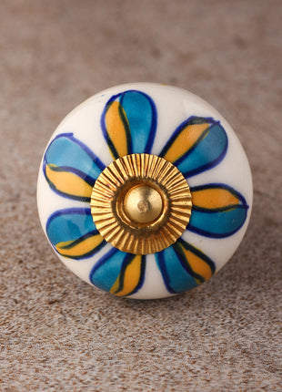 White Base Cabinet Knob With Yellow and Turquoise Flower
