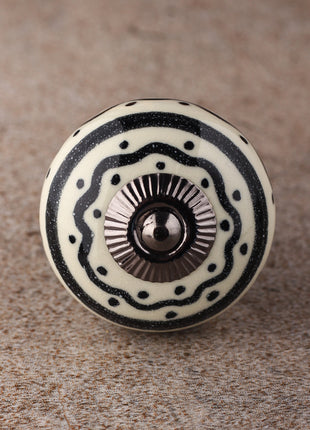 White Round Ceramic Dresser Knob With Black Spiral Print