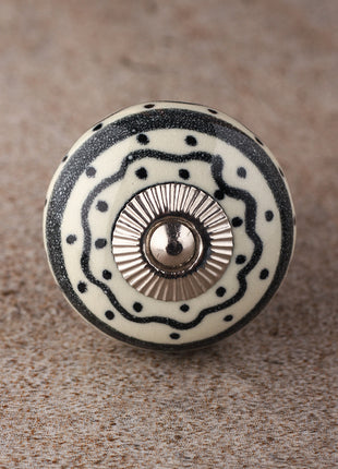 White Round Ceramic Dresser Knob With Black Spiral Print
