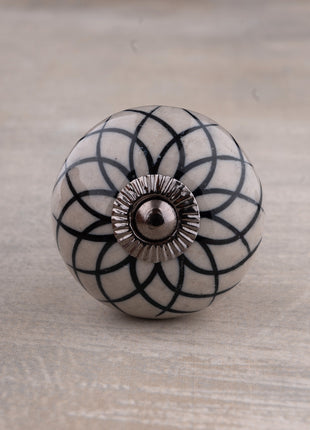 Handmade Black Flower Design on Light Gray Base Kitchen Cabinet Drawer Dresser Knob