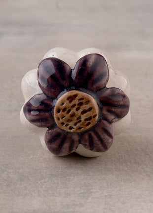 Handmade White & Brown Embossed Flower Shape  Ceramic Knob
