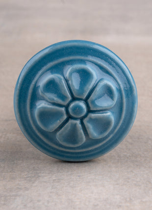 Handmade Round Turquoise Embossed Floral Design Ceramic Knob