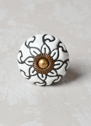 Black Flower and Leaf On White Base Ceramic Knob