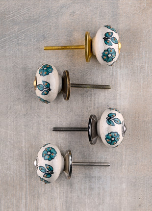 Teal Color Flowers And Petals On White Ceramic Cupboard Knob