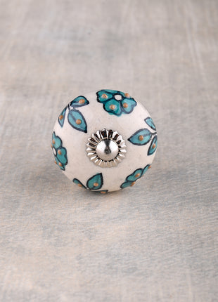 Teal Color Flowers And Petals On White Ceramic Cupboard Knob