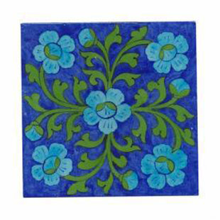 Turqouise flower's and green leaves with blue tile