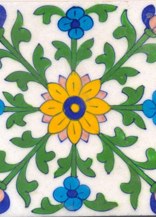 Yellow flower and green leaves with white tile