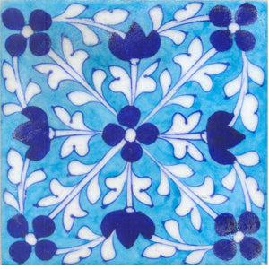 Blue, White, and Turquoise Floral Design Pottery Tile