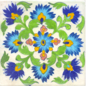Blue,turqouise flower and lime green leaves with white tile