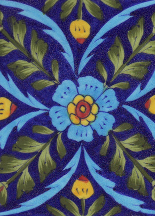 Lime Green Leafs and Turquoise,Brown,Blue,Yellow Flowers with Blue Base Tile
