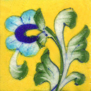 Turquoise and Blue Flower With Green Leave On Yellow Base Tile