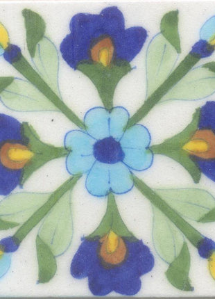 Blue,Brown and Yellow Flowers and Lime Green leaf with White Base Tile