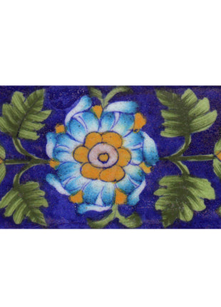 Turquoise,Pink and Yellow Flower and Green Shading leaf with Blue Base Tile