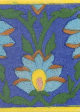 Yellow,Brown and Turquoise Flowers and Green leaf with Blue Base Tile