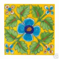 Handpainted Turquoise Floral Leafy Kitchen Backsplash Tile