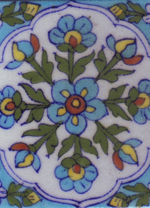 White tile with turquoise,yellow,green flower and corner's design (4x4-bpt27)