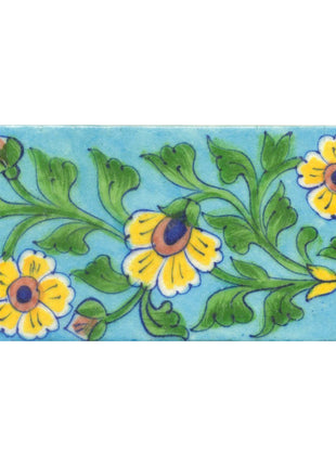 Yellow,Brown and Blue Flowers and Lime Green leaf with Turquoise Base Tile