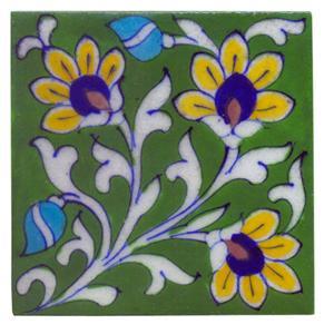 Green Tile with Yellow, Blue, Pink and Turquoise Flowers and White Leaves.