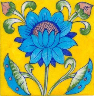 Turquoise and blue flower on yellow tile