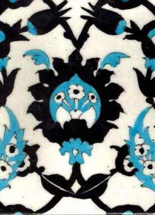 Turquoise and Black Flower With White Base Tile