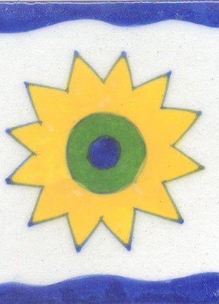 Yellow, Blue and Green Flower with White and Blue Tile