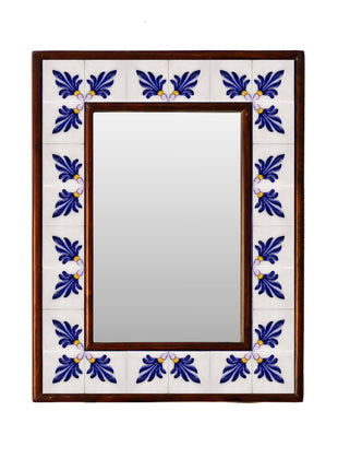 Designer White And Blue Embossed Tile Mirror In Brown Wooden Frame