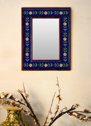 Blue Embossed Tile Mirror With Yellow Flowers And Leaves