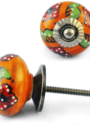 Orange Color knob, Red Flower, Green leaf and Embossed White dots