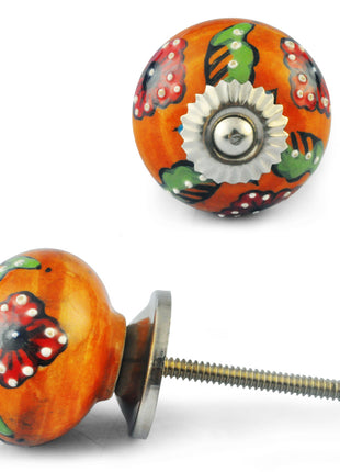 Orange Color knob, Red Flower, Green leaf and Embossed White dots