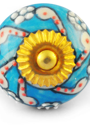 White Flower design with Turquoise and  White Colour Ceramic knob