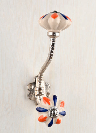 White Ceramic Flower Shaped Blue Flower With Metal Wall Hanger