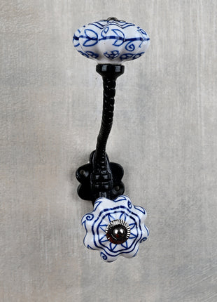 White Ceramic Knob With Floral Design Metal Wall Hanger