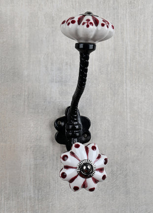 White Kitchen Cabinet Knob With Maroon Floral Design with Metal Wall Hanger