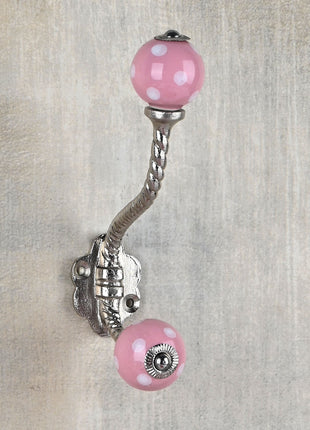 Designer Round Pink Cabinet Knob With White Polka Dots Metal Wall Hanger