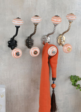 Stylish White And Orange Ceramic Knob With Metal Wall Hanger