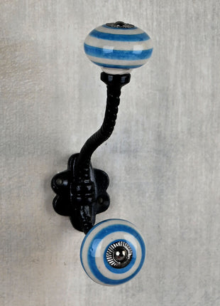 Turquoise And White Spiral Hand Painted Knob With Metal Wall Hanger