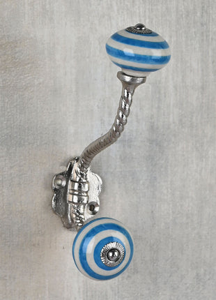 Turquoise And White Spiral Hand Painted Knob With Metal Wall Hanger