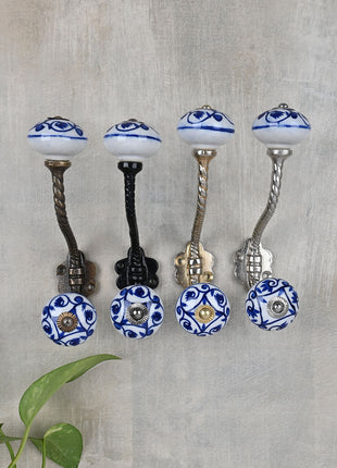 White Floral Ceramic Knob With Handpainted Blue Flowers With Metal Wall Hanger